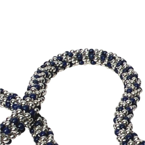 Talbots Seed Bead Necklace Navy Silver Tone Twist Rope Choker 18" Magnet Clasp - Picture 2 of 8